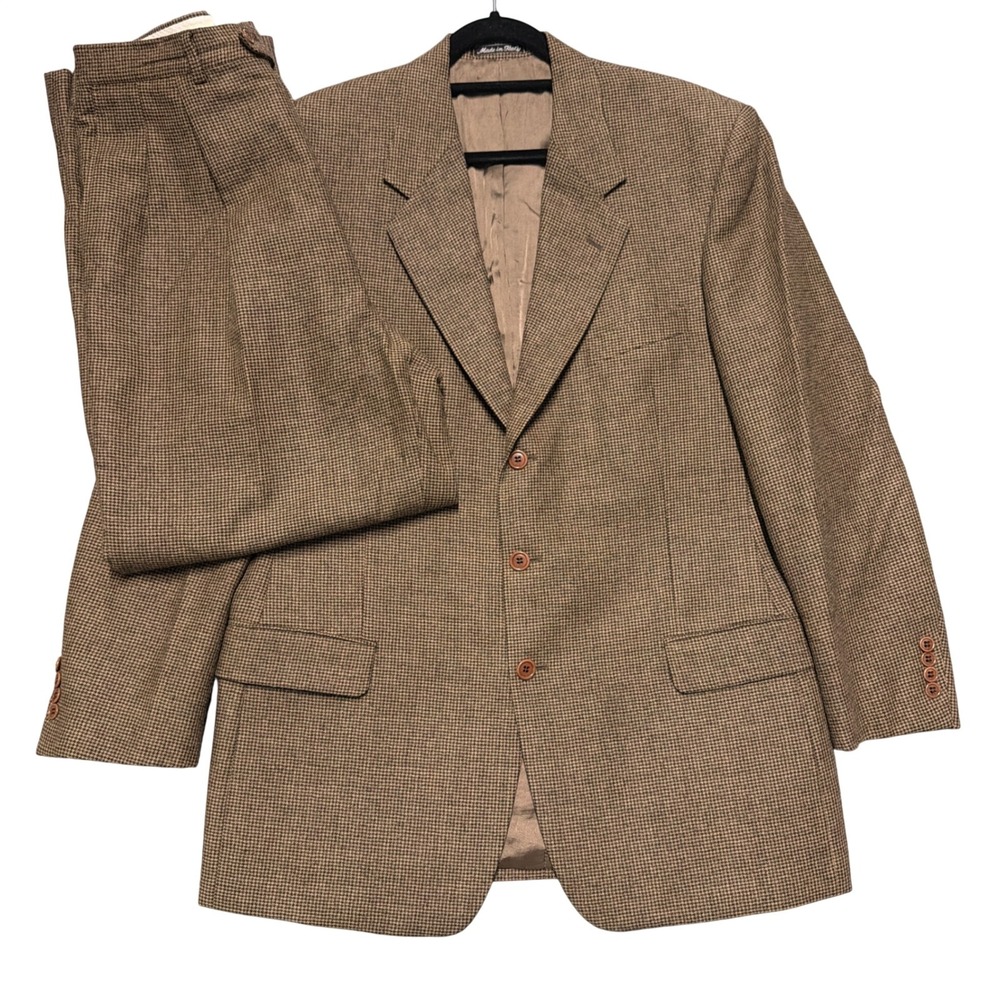Vtg Valentino Uomo Suit Mens 44L / 36x29 Houndstooth Pleated Tweed Flannel Italy